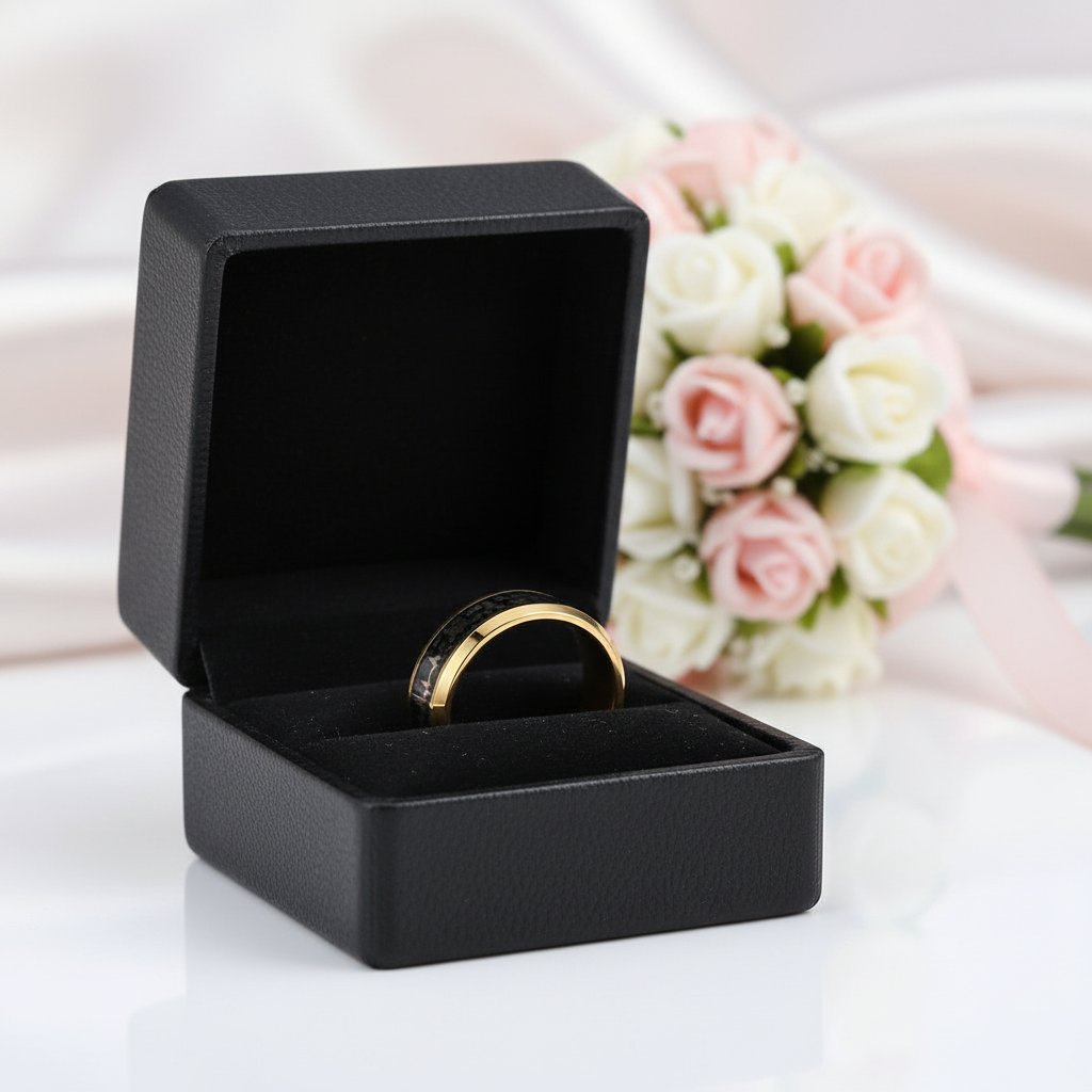 Heart Love Ring with Black Carbon Fiber Inlay Tungsten Men's Ring-Black Diamonds New York