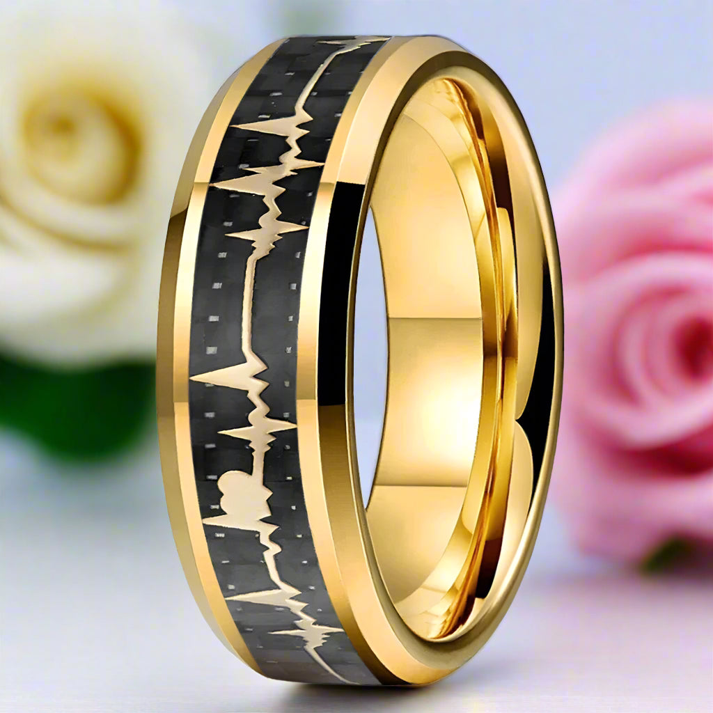 Heart Love Ring with Black Carbon Fiber Inlay Tungsten Men's Ring-Black Diamonds New York