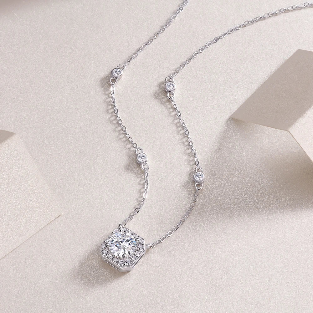 1.0 Ct Round Cut Moissanite Diamond Halo Necklace-Black Diamonds New York