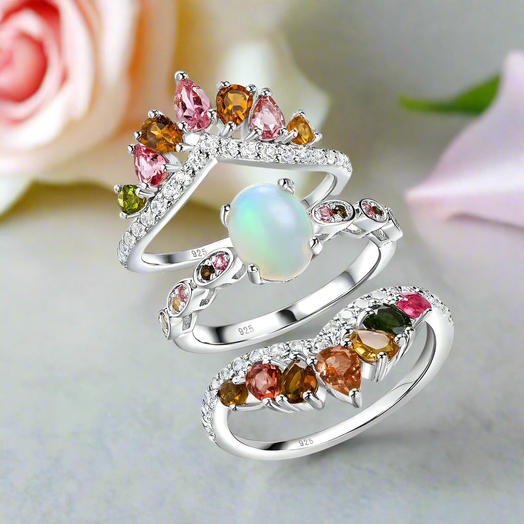 3-Piece Natural Opal Tourmaline Gems Ring Set-Black Diamonds New York