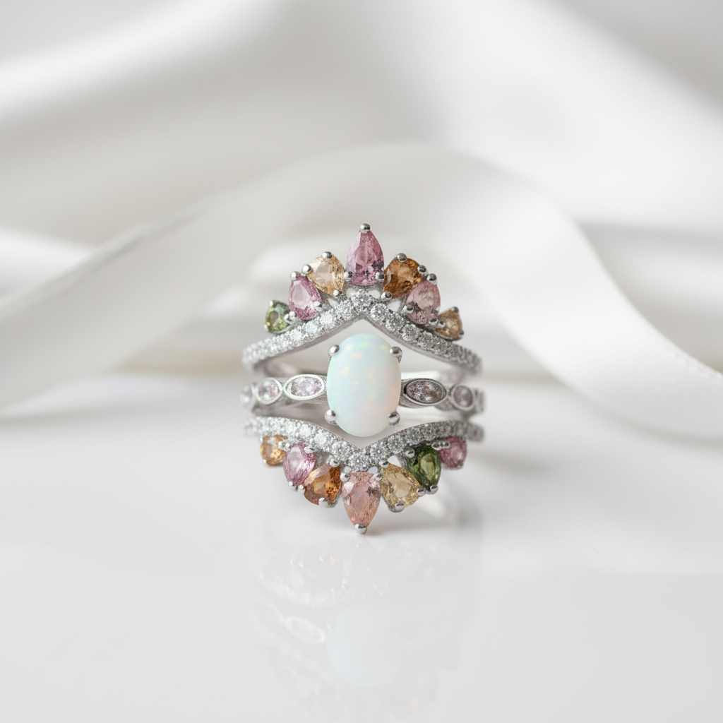 A silver ring with a central oval white opal surrounded by multicolored gemstones in pink, peach, and green, accented with small clear stones, set against a soft white satin background.