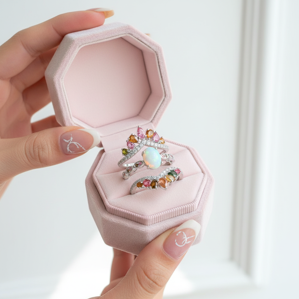 3-Piece Opal Tourmaline Gems Ring Set-Black Diamonds New York