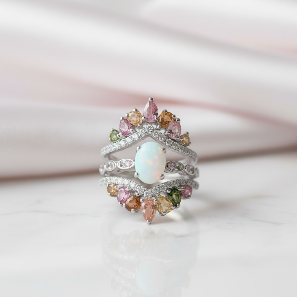 3-Piece Opal Tourmaline Gems Ring Set-Black Diamonds New York