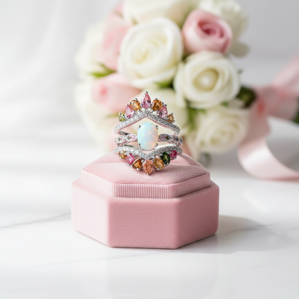 3-Piece Opal Tourmaline Gems Ring Set-Black Diamonds New York