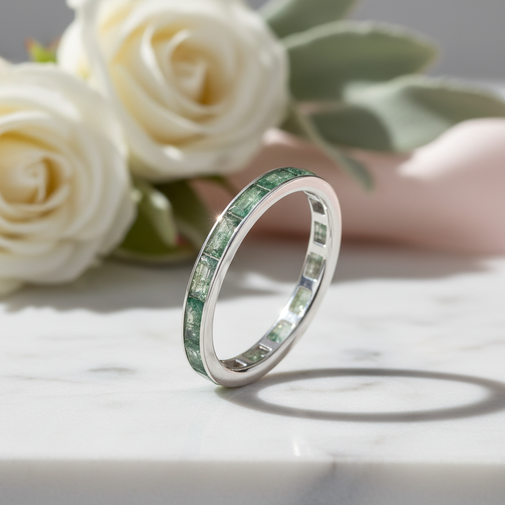 Eternity Emerald Cut Moss Agate Wedding Band-Black Diamonds New York