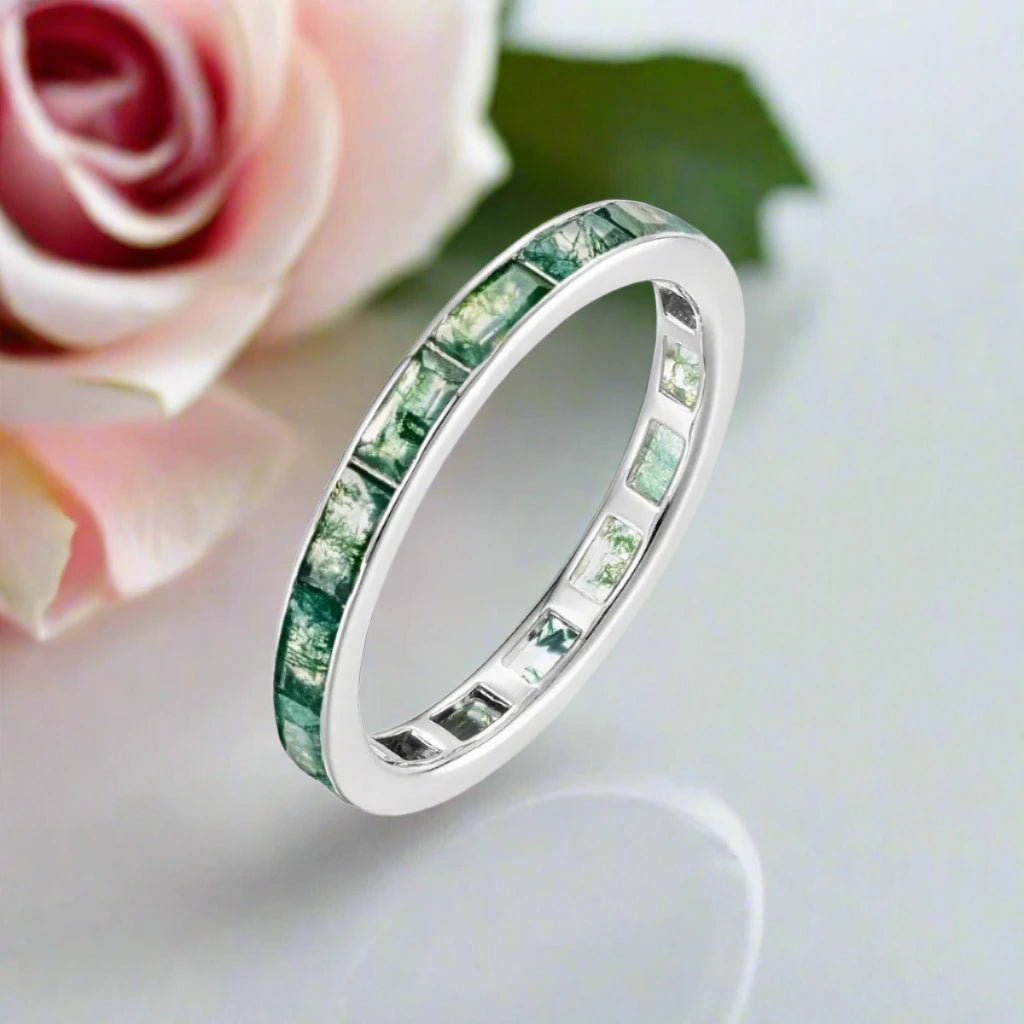 Eternity Emerald Cut Moss Agate Wedding Band-Black Diamonds New York