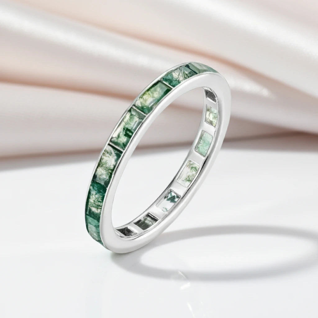Eternity Emerald Cut Moss Agate Wedding Band-Black Diamonds New York