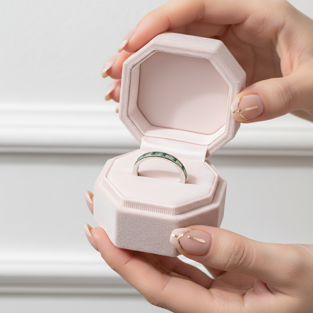 Eternity Emerald Cut Moss Agate Wedding Band-Black Diamonds New York