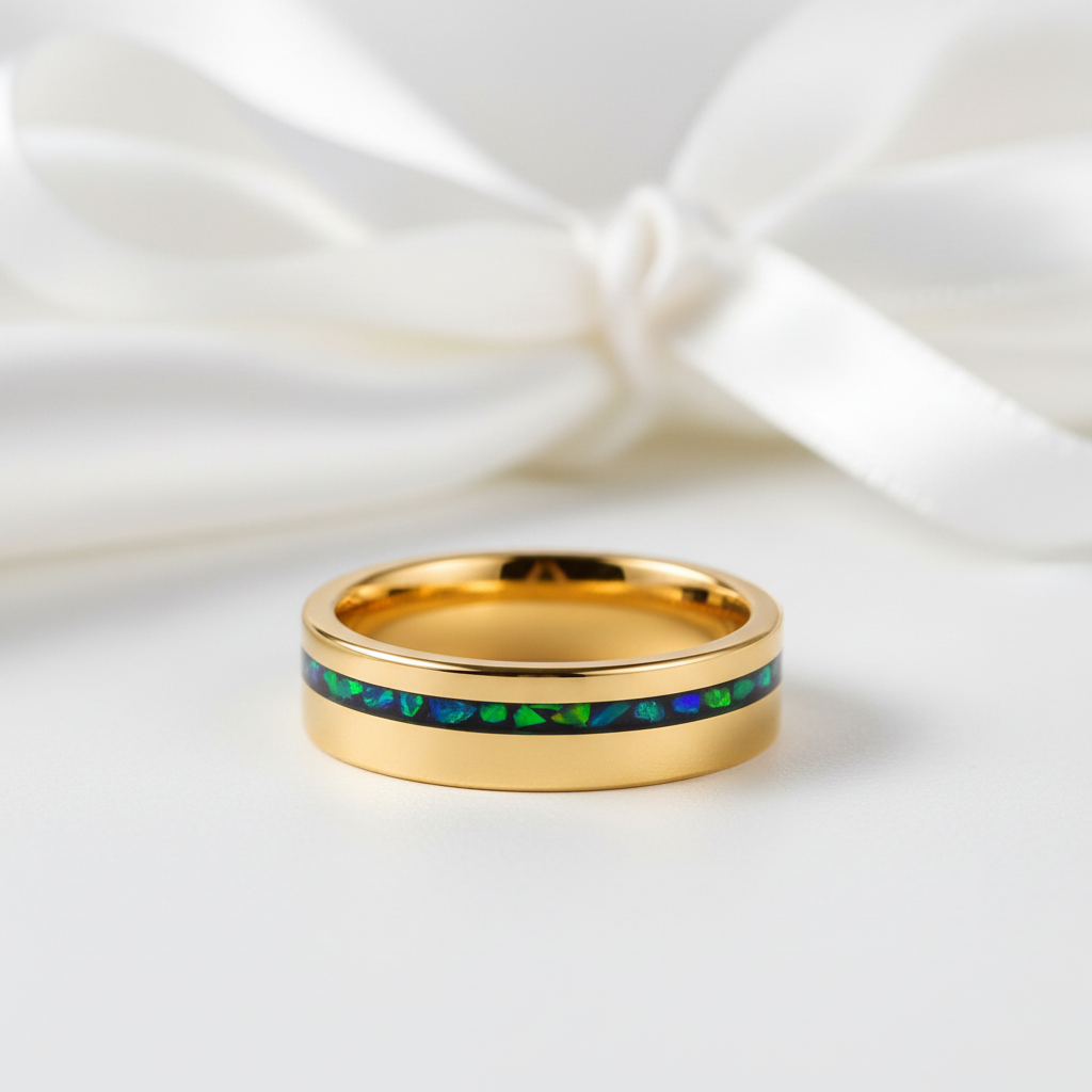 Green Opal Inlay Yellow Gold Tungsten Carbide Men's Ring-Black Diamonds New York