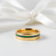 Green Opal Inlay Yellow Gold Tungsten Carbide Men's Ring-Black Diamonds New York
