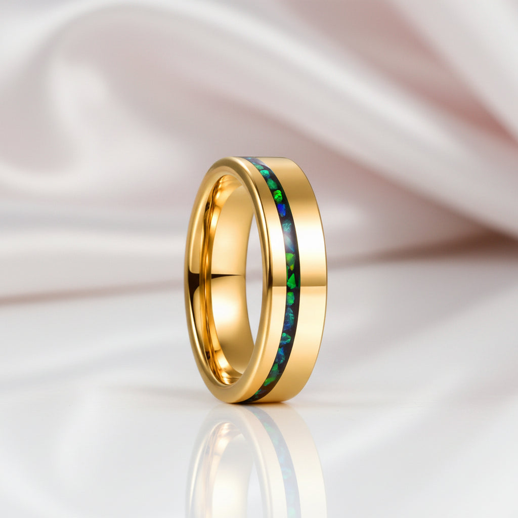 Green Opal Inlay Yellow Gold Tungsten Carbide Men's Ring-Black Diamonds New York