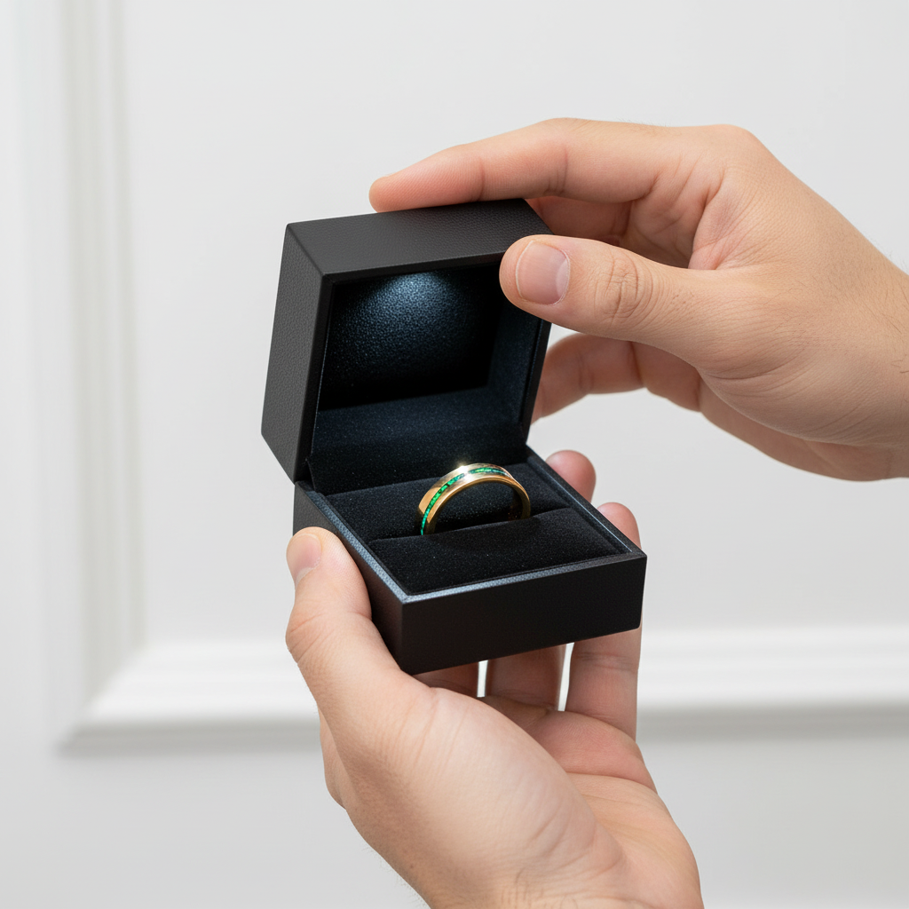 Green Opal Inlay Yellow Gold Tungsten Carbide Men's Ring-Black Diamonds New York