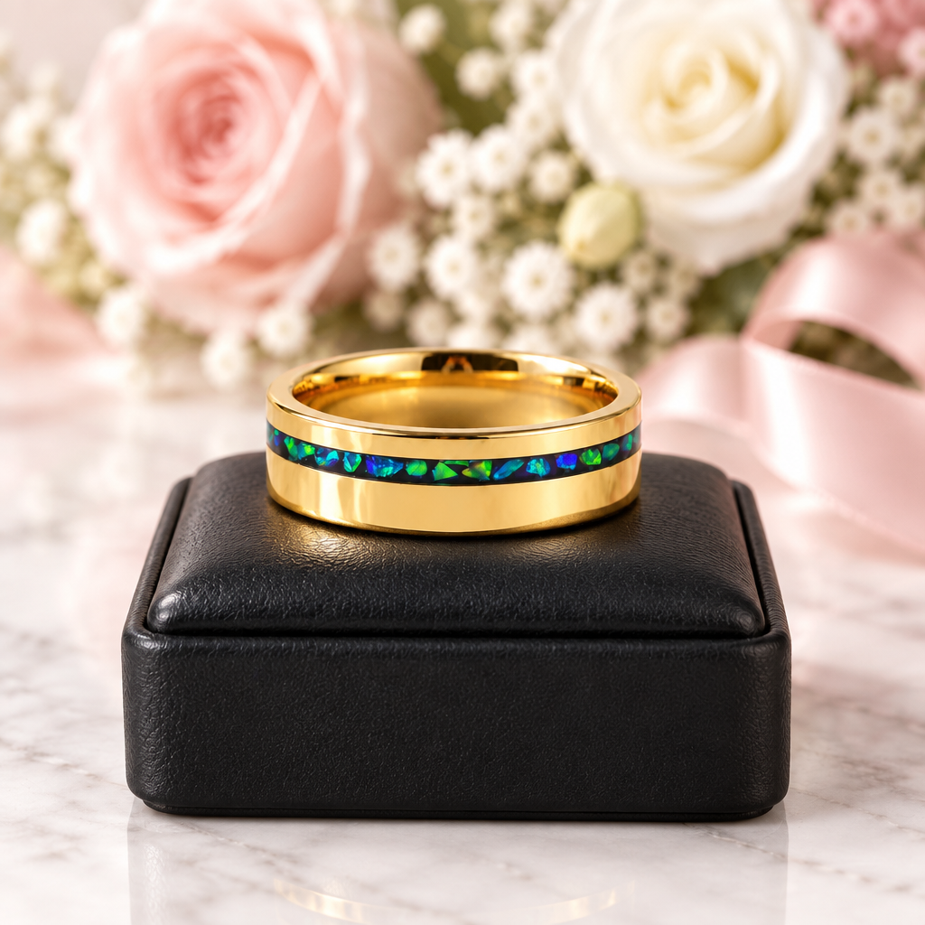 Green Opal Inlay Yellow Gold Tungsten Carbide Men's Ring-Black Diamonds New York