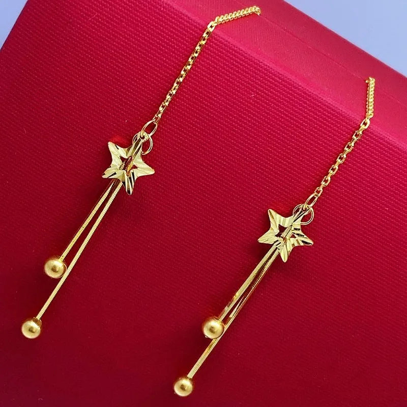 18k Yellow Gold Star Tassel Drop Earrings-Black Diamonds New York