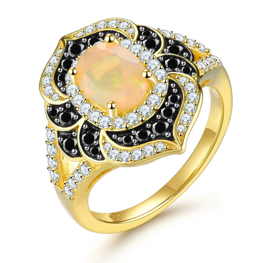Oval Cut Opal Flower Engagement Ring-Black Diamonds New York