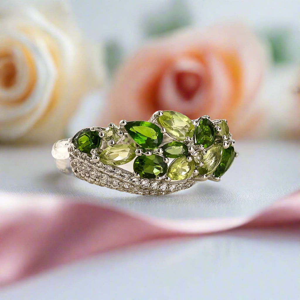 Elegant Natural Peridot Diopside Gemstone Ring-Black Diamonds New York