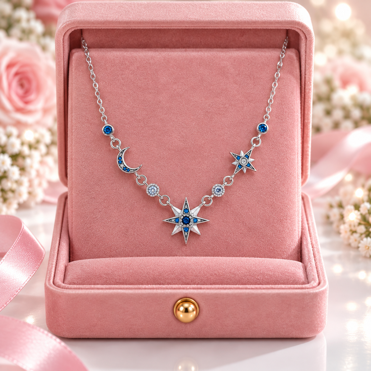 Moon & Star Link Chain Necklace-Black Diamonds New York