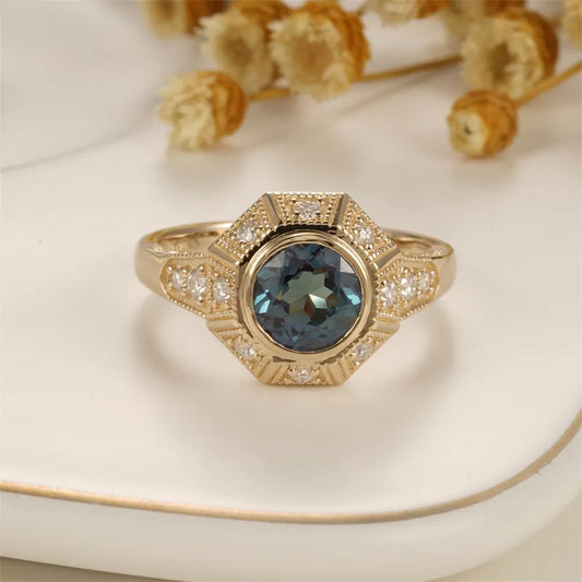 14K Yellow Gold Round Cut Alexandrite Filigree Engagement Ring-Black Diamonds New York