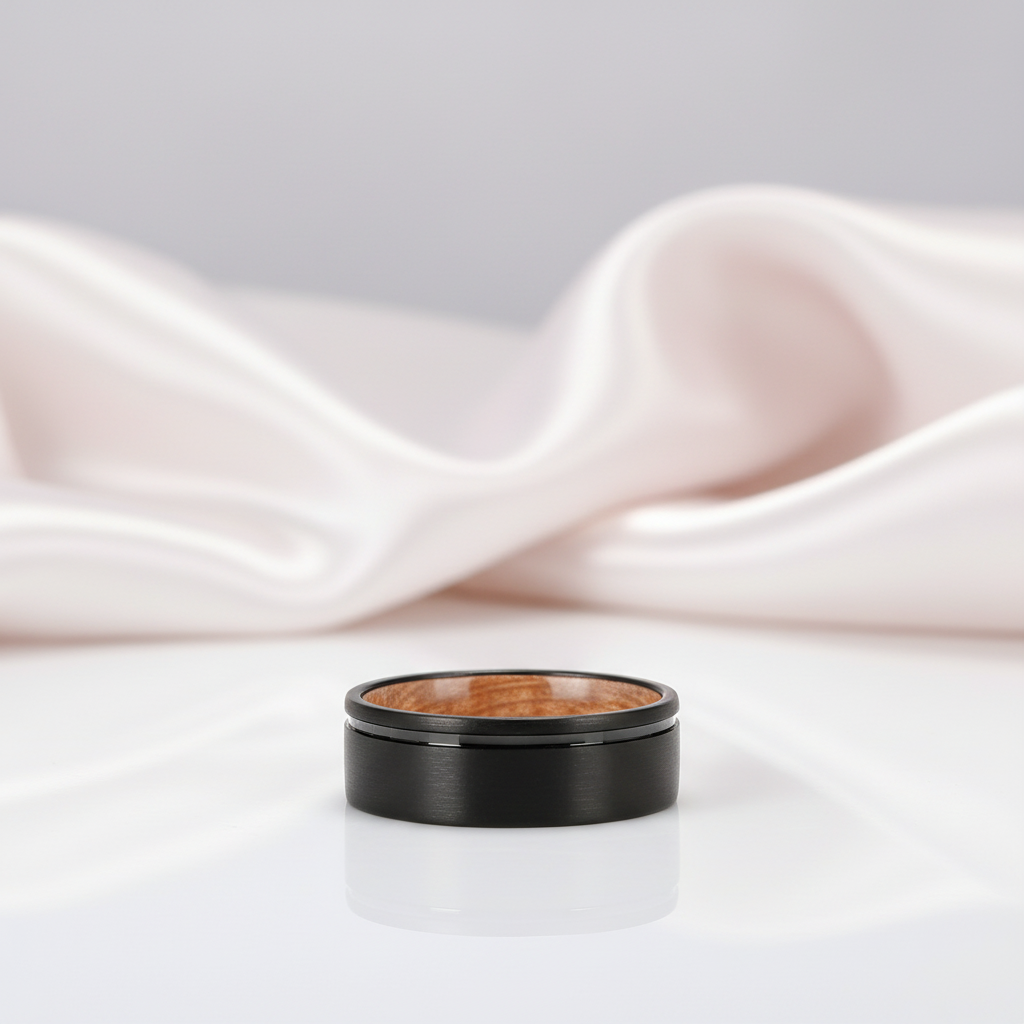 Groove Matte Finish with Inlay Wood Tungsten Carbide Men's Ring-Black Diamonds New York