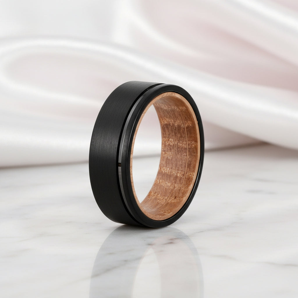 Groove Matte Finish with Inlay Wood Tungsten Carbide Men's Ring-Black Diamonds New York