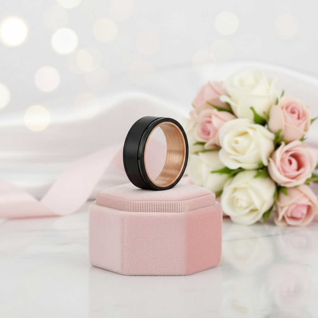 Groove Matte Finish with Inlay Wood Tungsten Carbide Men's Ring-Black Diamonds New York