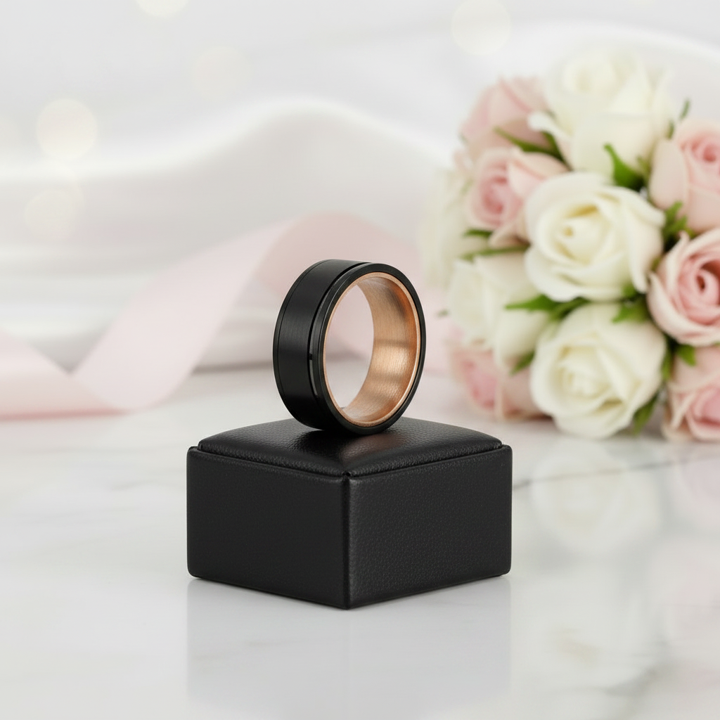 Groove Matte Finish with Inlay Wood Tungsten Carbide Men's Ring-Black Diamonds New York