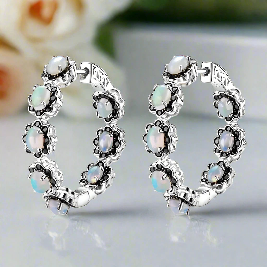 Natural Opal & Black Spinel Gemstone Hoop Earrings-Black Diamonds New York