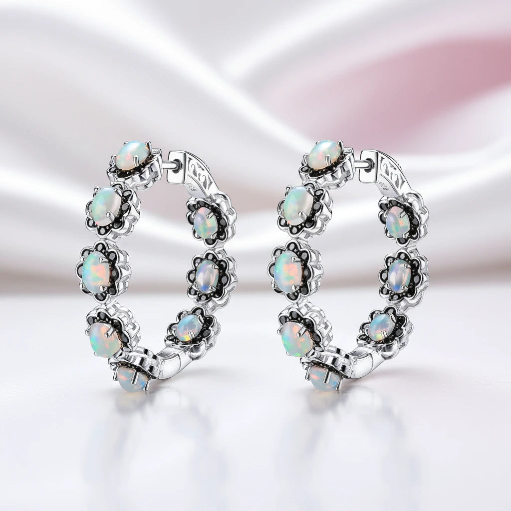 Opal & Black Spinel Gemstone Hoop Earrings-Black Diamonds New York