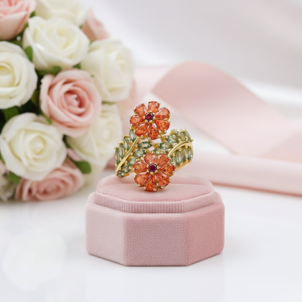 Colorful Natural Tourmaline & Orange Corundum Flower Ring-Black Diamonds New York