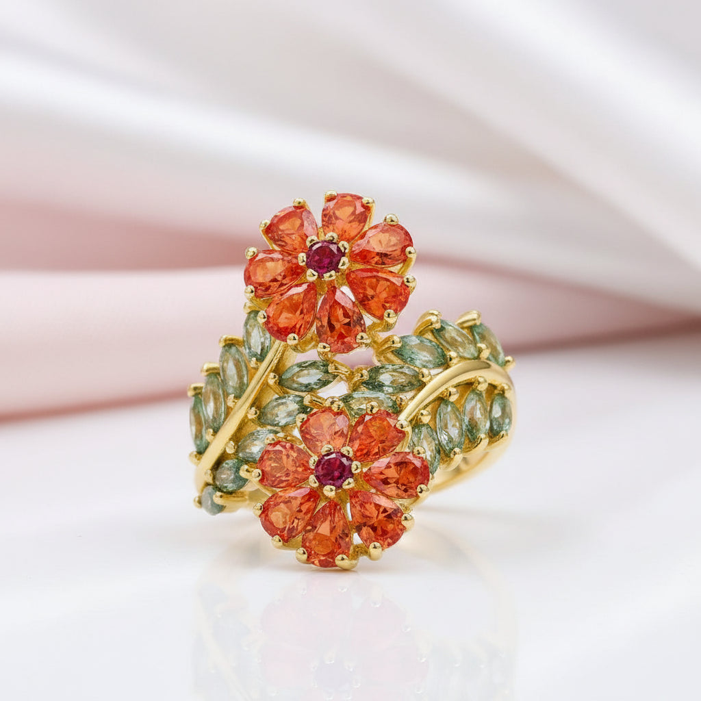 Colorful Tourmaline & Orange Corundum Flower Ring-Black Diamonds New York