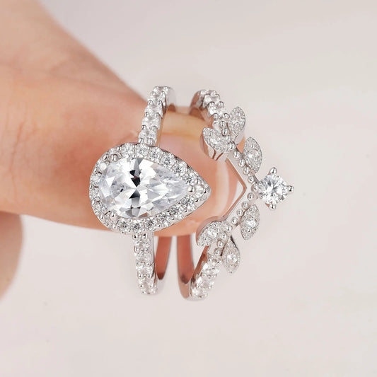 Flash Sale- Pear Cut Created Diamond Leaf Engagement Ring Set-Black Diamonds New York