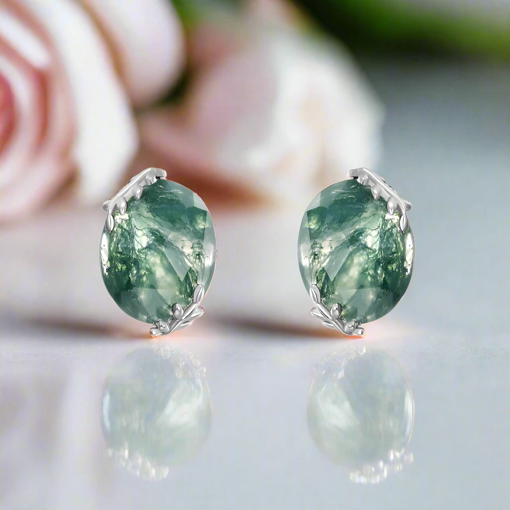 Elegant Natural Moss Agate Stud Earrings-Black Diamonds New York