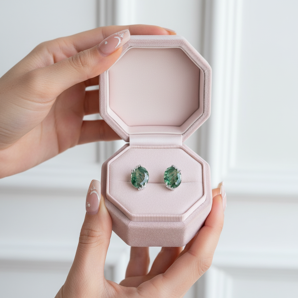 Elegant Natural Moss Agate Stud Earrings-Black Diamonds New York