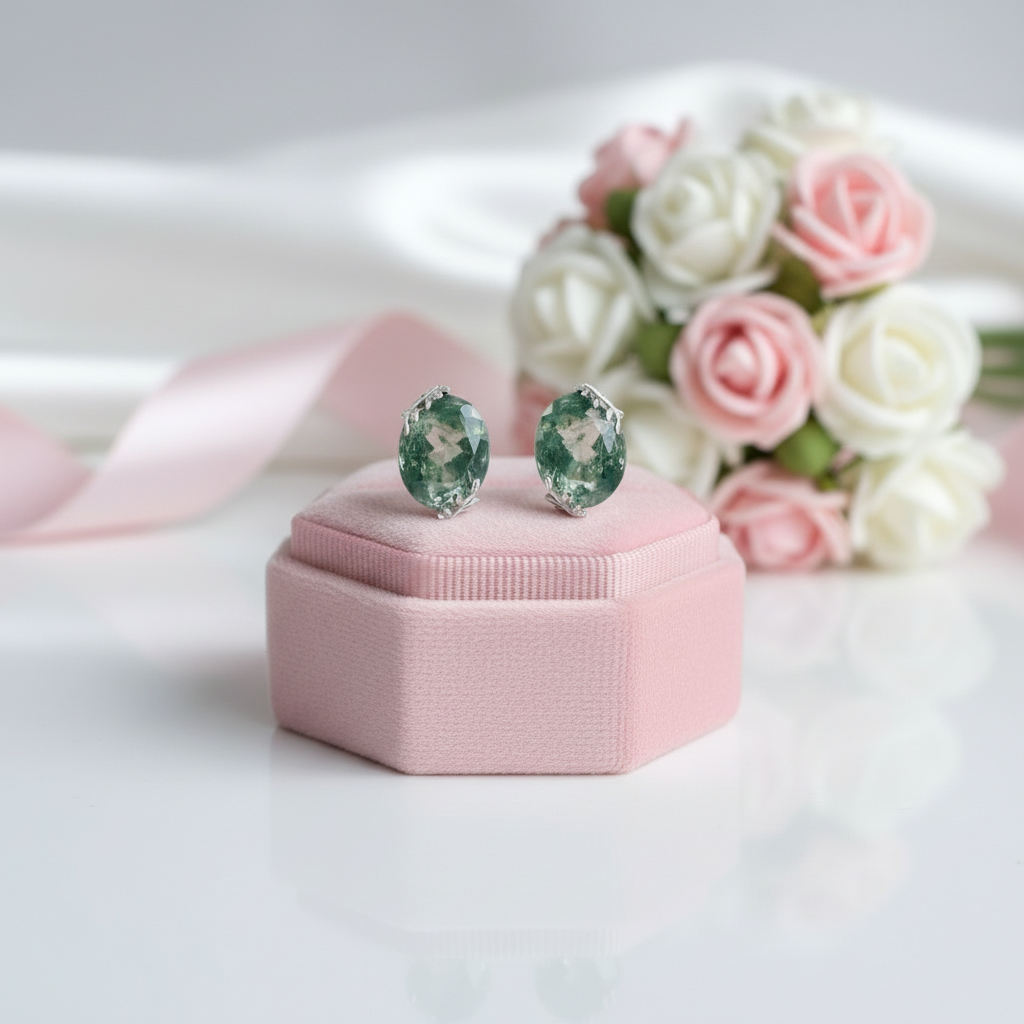 Elegant Natural Moss Agate Stud Earrings-Black Diamonds New York