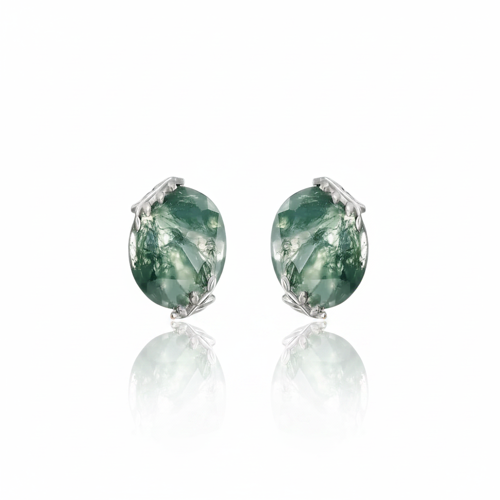 Elegant Natural Moss Agate Stud Earrings-Black Diamonds New York