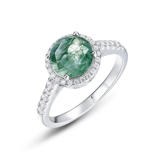 8mm Round Moss Agate Halo Engagement Ring-Black Diamonds New York