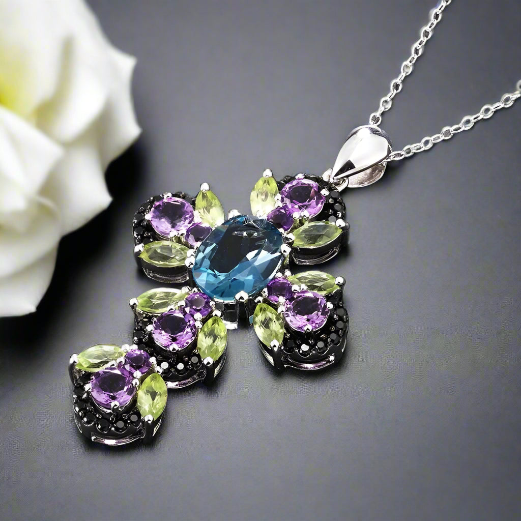 Vintage Oval-cut Natural London Blue Topaz Cross Necklace-Black Diamonds New York