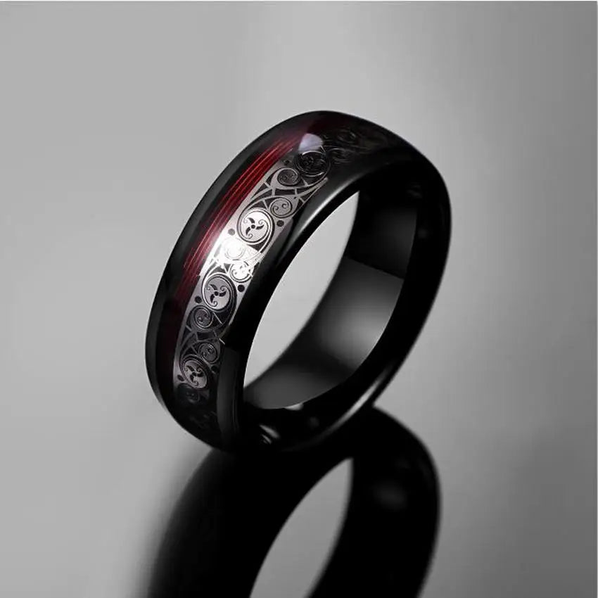 8mm Black Tungsten Wedding Band with Spiral & Red String Inlay-Black Diamonds New York