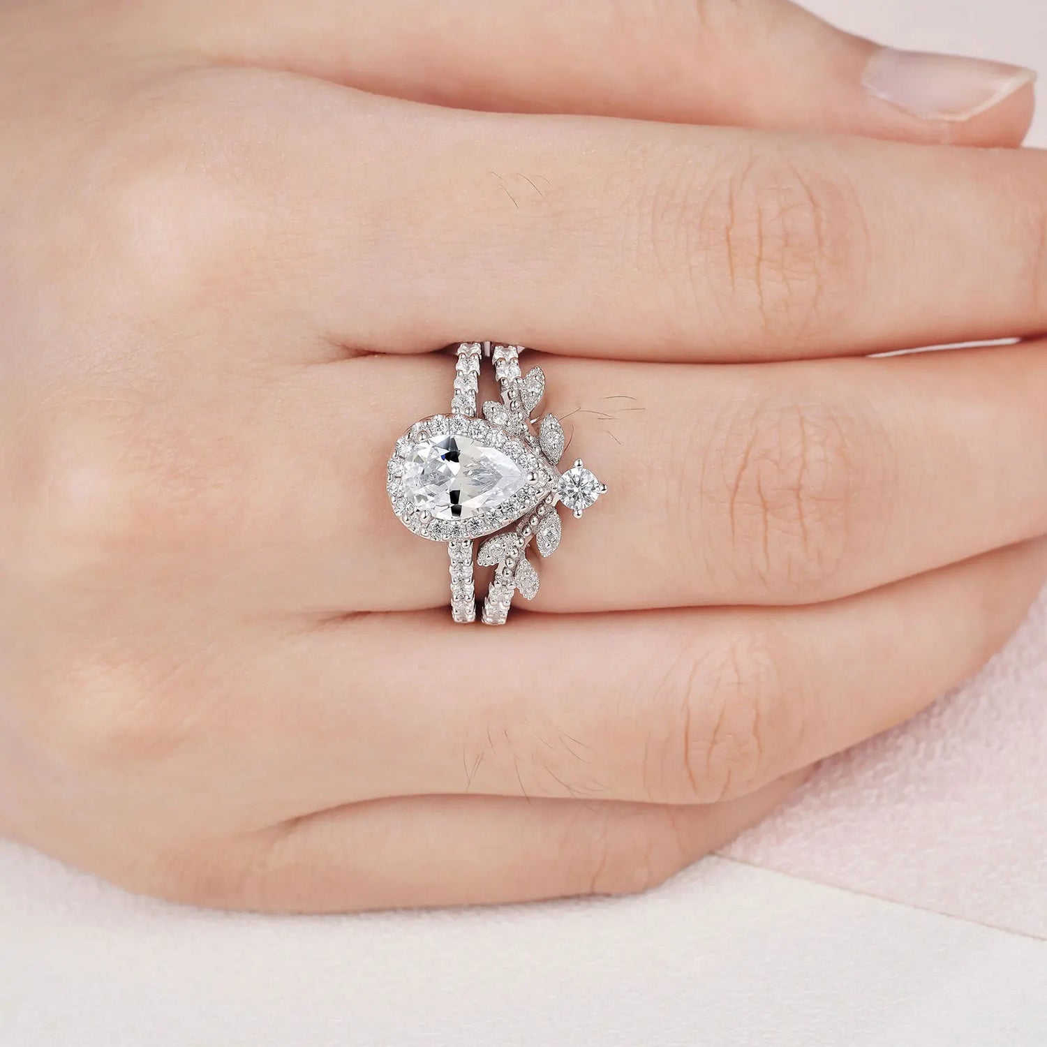Pear Cut Created Diamond Leaf Engagement Ring Set-Black Diamonds New York