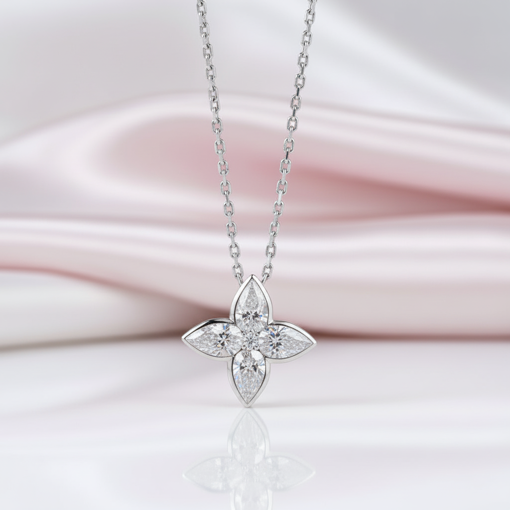 18k Gold Overlay Four-Leaf Clover Certified Moissanite Necklaces-Black Diamonds New York