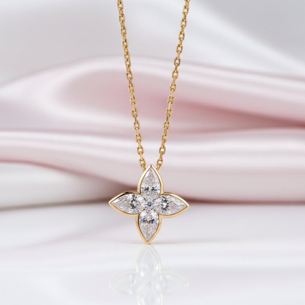 18k Gold Overlay Four-Leaf Clover Certified Moissanite Necklaces-Black Diamonds New York