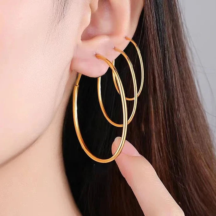 18k Yellow Gold Classic Hoop Earrings-Black Diamonds New York