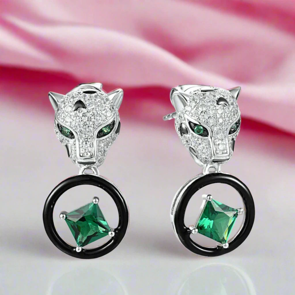 Leopard Head and Green Spinel Earrings-Black Diamonds New York