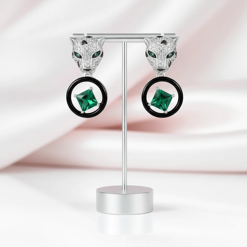 Leopard Head and Green Spinel Earrings-Black Diamonds New York