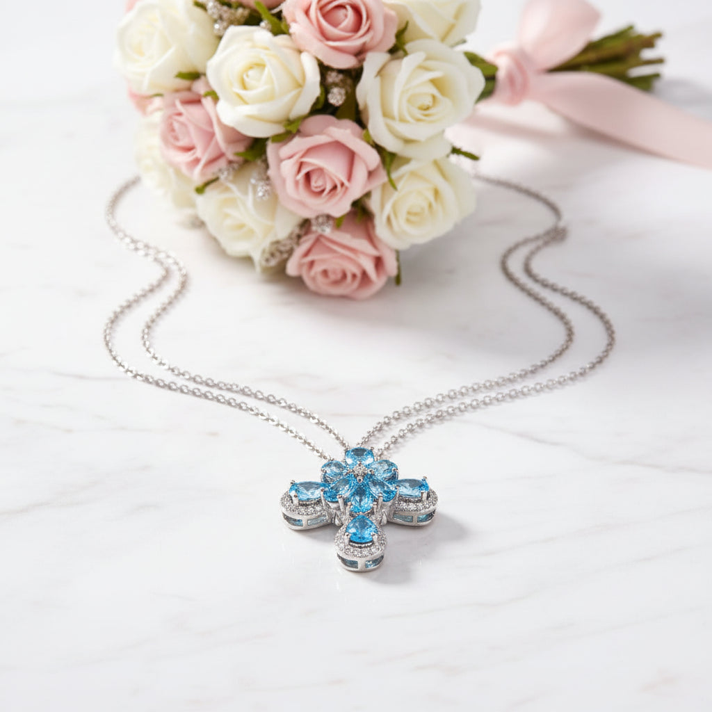 Pear-cut Swiss Blue Halo Cross Necklace-Black Diamonds New York