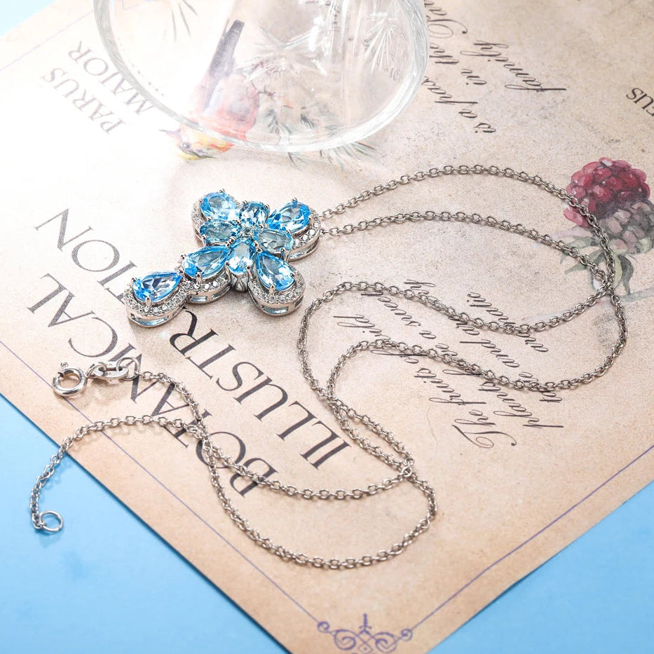 Pear-cut Swiss Blue Halo Cross Necklace-Black Diamonds New York