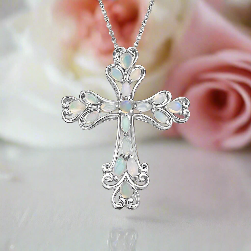 Oval cut Created Opal & Multi Gemstones Cross Pendant Necklace-Black Diamonds New York