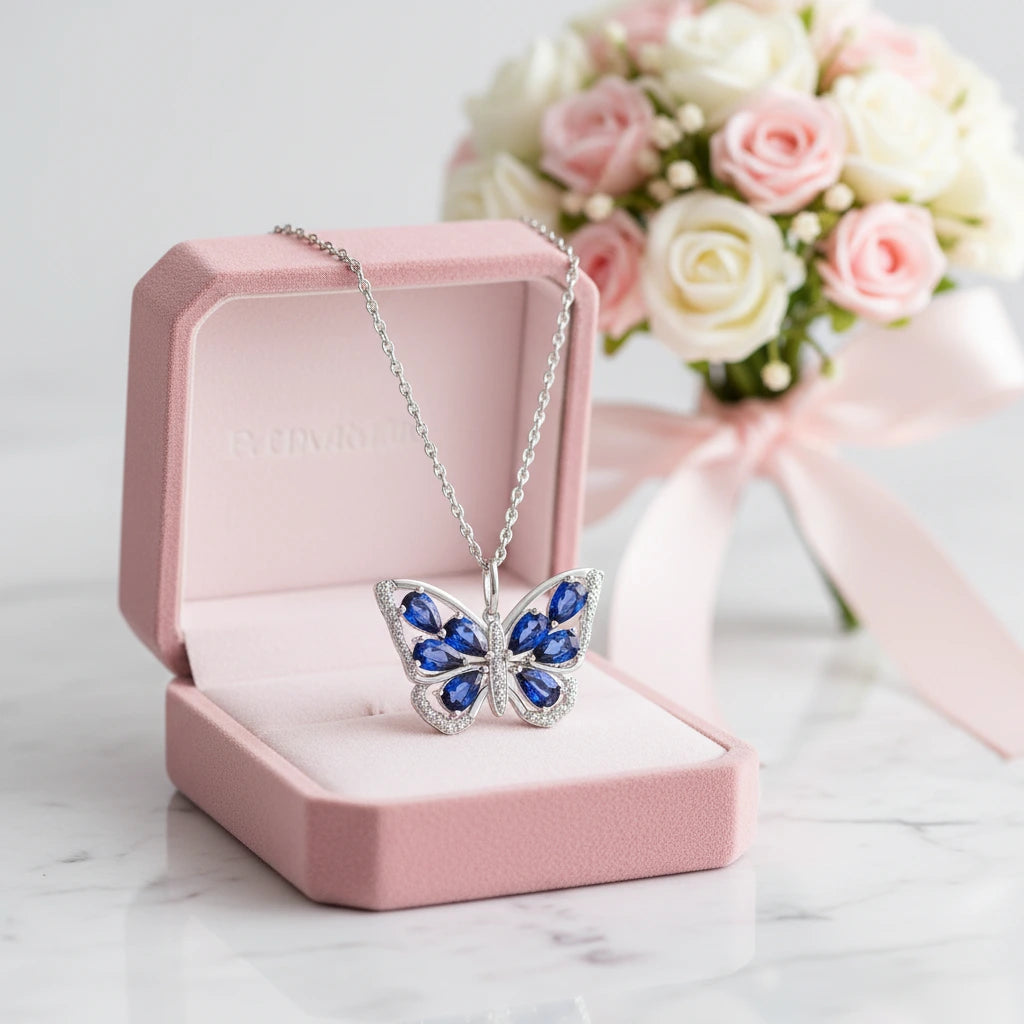 1.9 Ct Pear-cut Blue Topaz Gemstone Butterfly Pendant Necklace-Black Diamonds New York