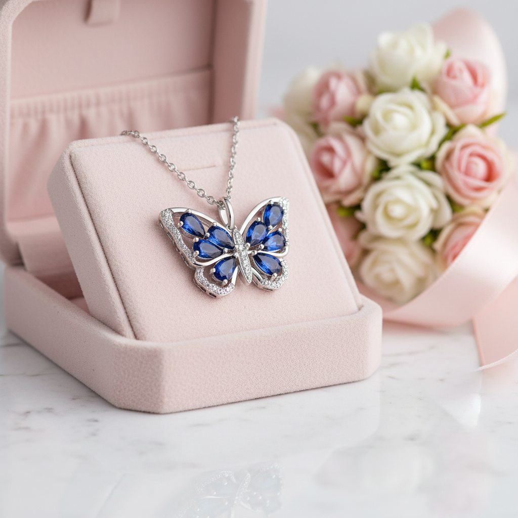 Butterfly necklace with blue stones in a pink jewelry box with flowers in the background