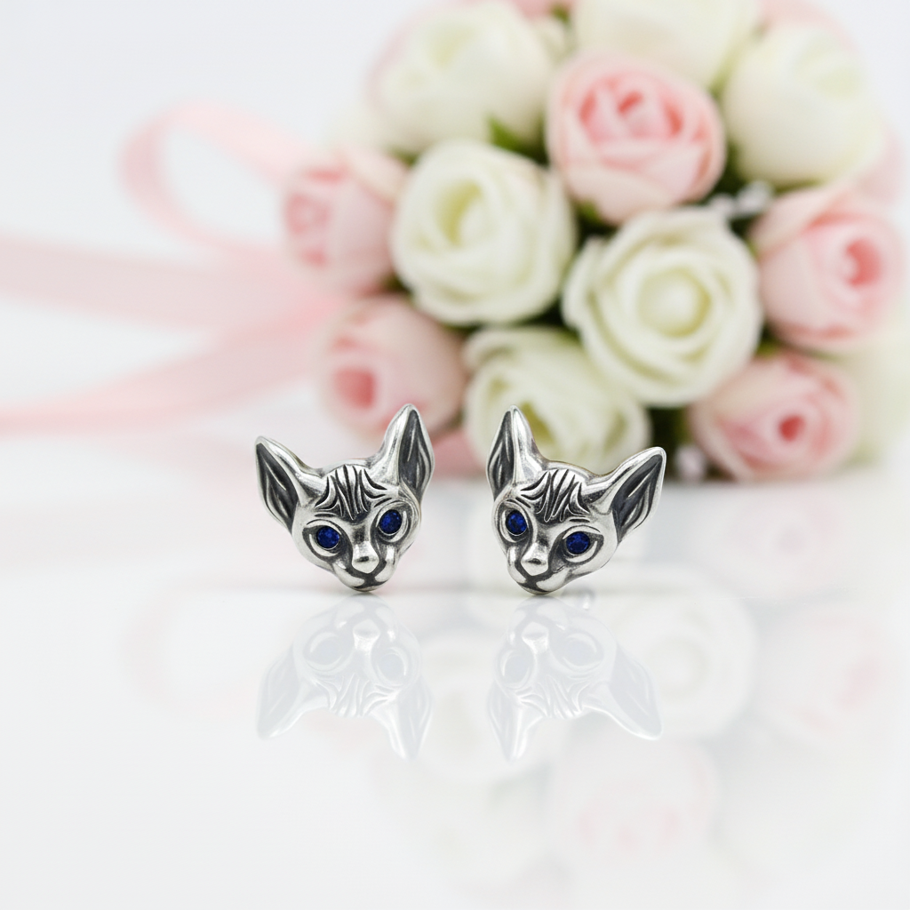 Blue-Eyed Kitten Head Earrings-Black Diamonds New York